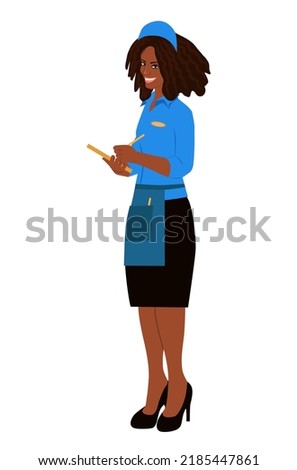 Smiling dark-skinned waitress takes the order. Waitress at work. Vector illustration, flat style. Isolated on white background