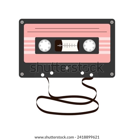 Audio cassette with magnetic tape flat vector illustration