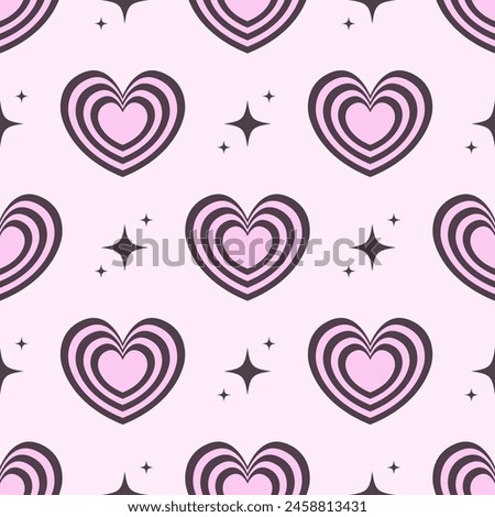 Y2K aesthetic geometric seamless pattern with psychedelic hearts and stars. Abstract trendy retro background.