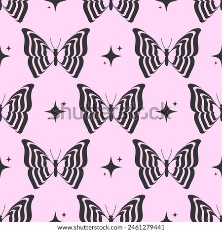 Y2K aesthetic geometric psychedelic seamless pattern with butterflies and stars. Abstract trendy retro background.