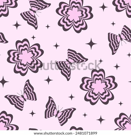 Y2K aesthetic psychedelic seamless pattern with butterflies and flowers. Abstract trendy retro background.