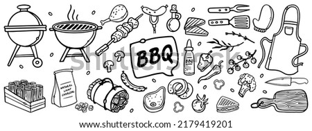 Barbecue grill hand-drawn outline doodle Set. BBQ Vector Illustration Barbecue party Sketch. Barbeque tools charcoal firewood and products