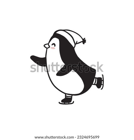 cute cartoon penguin is skating. Illustration in doodle style for christmas card. Vector