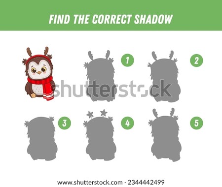 Find correct shadow of cute owl. Educational logical game for kids. Christmas game. Cartoon owl. Vector illustration
