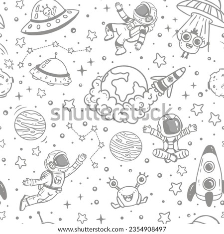 Seamless pattern with elements of space. Monsters, stars, planets, astronauts in doodle style.Vector