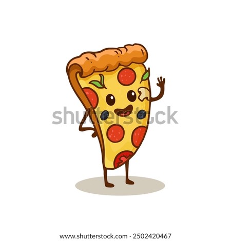 cartoon pizza slice with arms and legs isolated on white background. Pizza character. Flat style. Vector illustration
