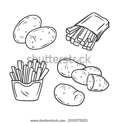 set of hand drawn potato in sketch style. Potato and french fries in a paper pack in doodle style. Vector