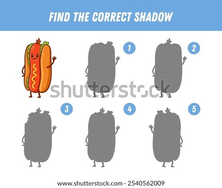 Find correct shadow of cute hot dog. Educational logical game for kids. Cartoon fast food character. Funny hotdog. Vector
