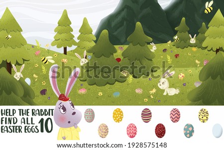 Easter puzzle for kids. Help the rabbit find Easter eggs. Find 10 hidden objects in the picture. Puzzle Hidden Items. Easter Colorful Eggs And Rabbit.