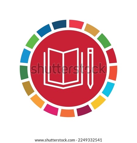 Quality education. SDG icon. Corporate social responsibility sign. Sustainable Development Goals illustration. Pictogram for ad, web, mobile app, promo. Vector illustration element.
