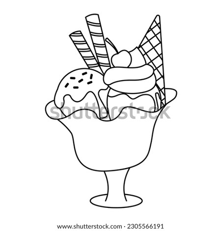 Ice cream line vectors illustration. Black and white cartoon vector illustration for coloring book. 