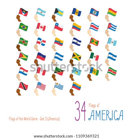 Set of 34 flags of America. Hand raising the national flags of 34 countries of America. Icon set Vector Illustration.