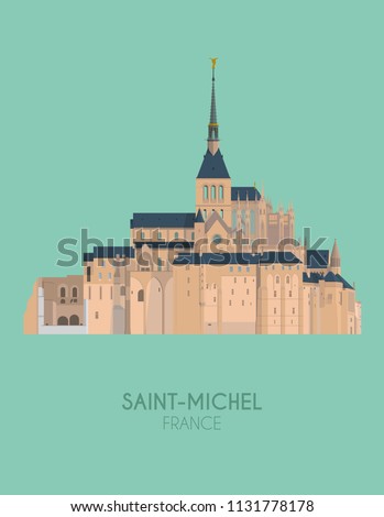 Modern design poster with colorful background of Mount Saint-Michel (France). Vector illustration