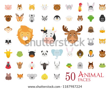 Set of 50 Animal Faces in cartoon style