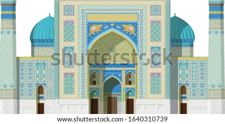 Sher Dor Madrasah, Registan (Samarkand, Uzbekistan). Isolated on white background vector illustration.