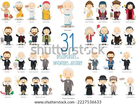 Kids Vector Characters Collection: Set of 31 great Discoverers and Inventors of History in cartoon style.