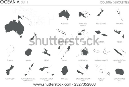 Set of 22 high detailed silhouette maps of Oceanian Countries and territories, and map of Oceania vector illustration.