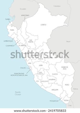 Vector map of Peru with departments, provinces and administrative divisions, and neighbouring countries. Editable and clearly labeled layers.