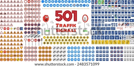 Full collection of 501 Traffic or Road signals isolated on white background. Vector illustration icon set