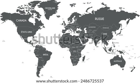 Political World Map vector illustration isolated on white background with country names in french. Editable and clearly labeled layers.