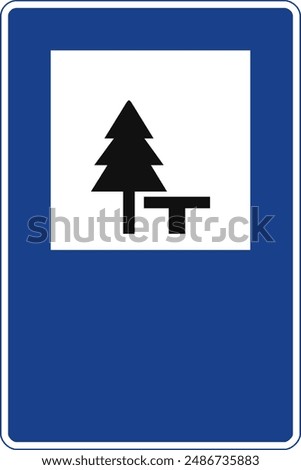 Rectangular traffic signal in blue and white, isolated on white background. Picnic area