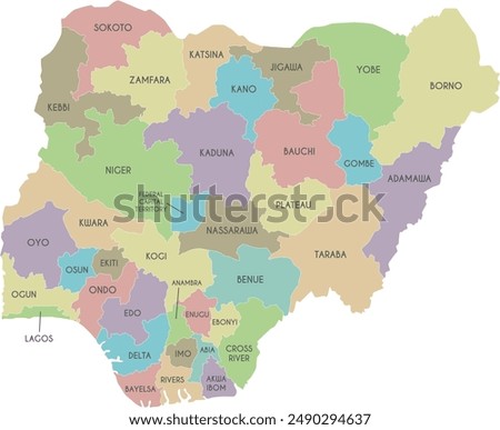 Vector regional map of Nigeria with states and administrative divisions. Editable and clearly labeled layers.