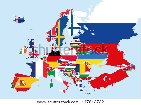 Map of Europe colored with the flags of each country