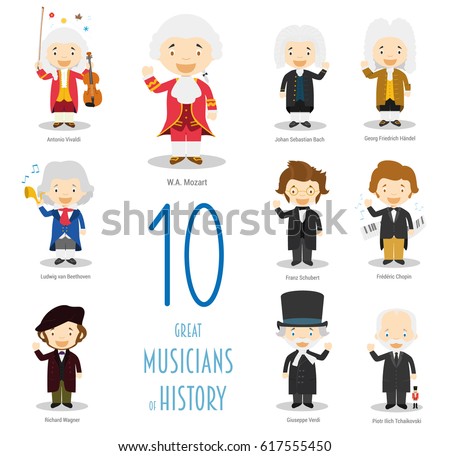 Kids Vector Characters Collection: Set of 10 Great Musicians of History in cartoon style.