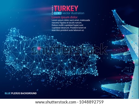 Polygonal map of Turkey. Floating blue plexus geometric background. Creative abstract vector illustration. High tech, communications and travel. Effect of motion luminous particles and points. 