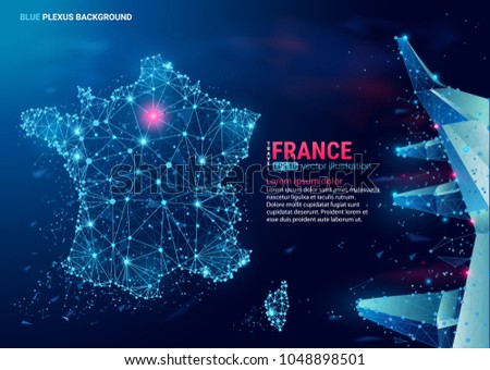Abstract polygonal map of France. Floating blue plexus geometric background. Creative vector illustration. High tech, communications and travel. Effect of motion luminous particles and points. 
