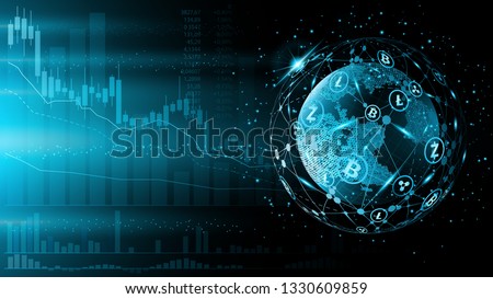 Blue futuristic background. Bitcoin and blockchain. Electronic cryptocurrency and modern technology. Online banking, and financial communications. World wide web. Hologram with a globe of the word