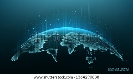 Map of the planet. World map. Global social network. Future. Vector. Blue futuristic background with planet Earth. Internet and technology. Floating blue plexus geometric background.  