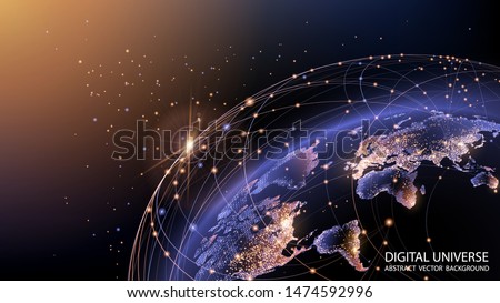 Vector. Planet Earth from space. Flickering lights of cities. Map of the mainland. Global communications system and the World Wide Web. Technologies and communications. Globalization. Luminous sphere.