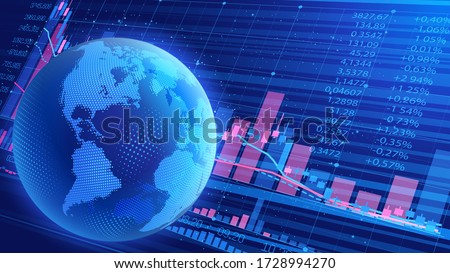 Dark blue abstract vector background. World economic crisis. Oil product prices. Planet Earth on the background of a scoreboard with indicators of trade indices on the stock exchanges. Halftone effect