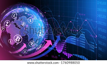 Blue violet vector background. Bitcoin and blockchain. Electronic cryptocurrency and modern technology. Online banking, and financial communications. World wide web. Hologram with a globe of the word