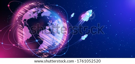 Launch of the launch vehicle from the spaceport. Satellites and rockets in orbit of planet Earth. Global World Wide Web internet. Technologies and communications. Map of the planet. World map. Vector.
