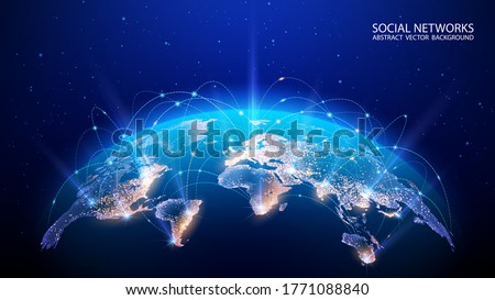 Vector. Map of the planet. World map. Global social network. Future. Blue futuristic background with planet Earth. Internet and technology. Floating blue plexus geometric background.   ストックフォト © 