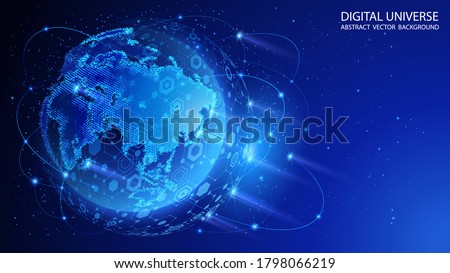 Blue abstract technology background. Satellites and rockets in orbit of planet Earth. Global World Wide Web internet. Technologies and communications. Map of the planet. World map. Vector.