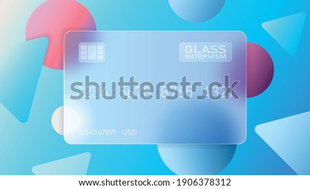 Vector image. Translucent bank card on a blue background. Frosted transparent glass in the style of glass morphism. Abstract geometric shapes and colored colorful spheres. Place for your text.