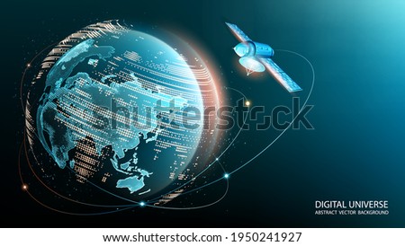 Vector image. World Wide Web. A satellite in orbit transmits a signal to the surface of our planet. Internet. Modern technologies and global communications. Blue technological background. Planet Earth