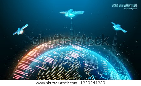 Vector image. World Wide Web. Satellites in orbit transmit a signal to the planet's surface. Technological blue background. Planet Earth and outer space. Contours of continents and abstract lights.