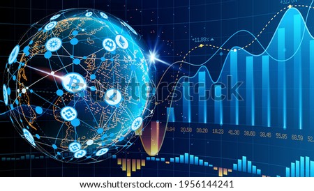 Vector. Blue futuristic background. Bitcoin and blockchain. Electronic cryptocurrency and modern technology. Online banking, and financial communications. World wide web. Hologram. Planet Earth.
