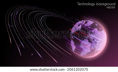 Blue abstract futuristic background. World map. Planet Earth. Vector. Plasma clot of energy. Glowing rays with flickering particles. Glitch effect. Science and technology. Sound and radio waves. 