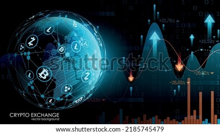 Blue vector background. Bitcoin and blockchain. Planet Earth. Global network. Electronic cryptocurrency and modern technology. Online banking, and financial communications. World wide web. 
