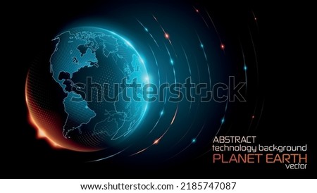 Blue abstract futuristic background. Tech vector. Sunrise. Satellites and rockets in orbit of planet Earth. Plasma clot of energy. Glowing rays with flickering particles. Science and technology.