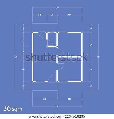 Blue and White floor plan of a house, area 36 sqm. Vector EPS10.