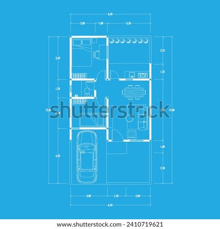 Floor plan blueprint type 44 sqm, Figure of the jotting sketch of the construction and the industrial skeleton of the structure and dimensions. vector eps 10