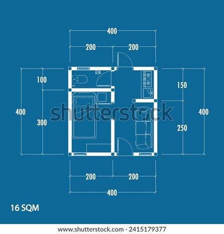 Floor plan blueprint type 16 sqm, Figure of the jotting sketch of the construction and the industrial skeleton of the structure and dimensions. vector eps 10