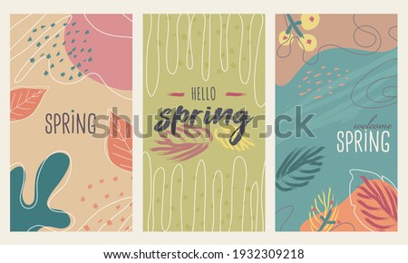 Happy spring stories background set, colorful and vectored. Flat and lined style with nature, geometric and other abstract elements in hand drawn style. Suitable for social media, post cards or ads.