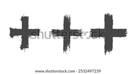 Black plus marks set in distressed grunge style on a white background